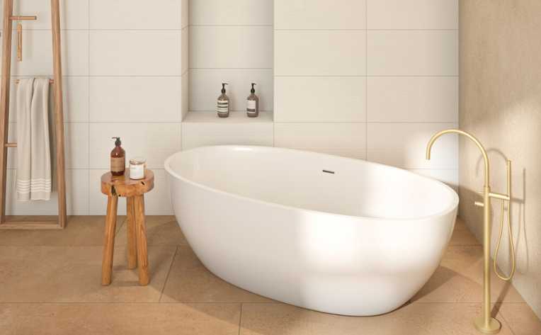 terracotta tile in white bathroom with gold and wood accents